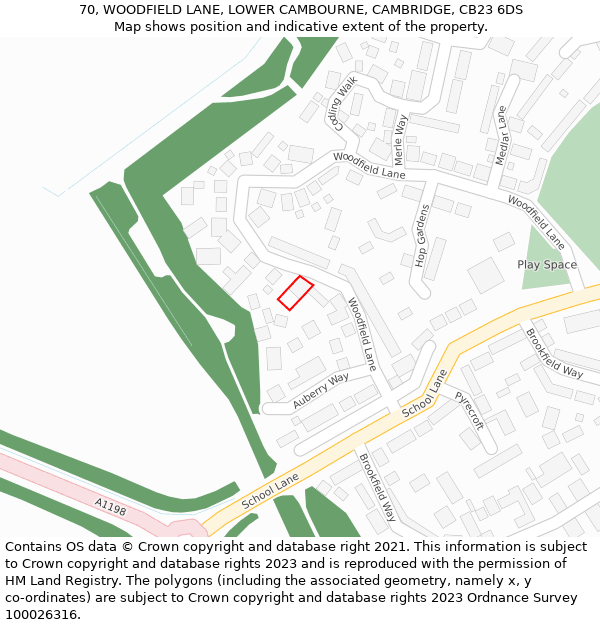 70, WOODFIELD LANE, LOWER CAMBOURNE, CAMBRIDGE, CB23 6DS: Location map and indicative extent of plot