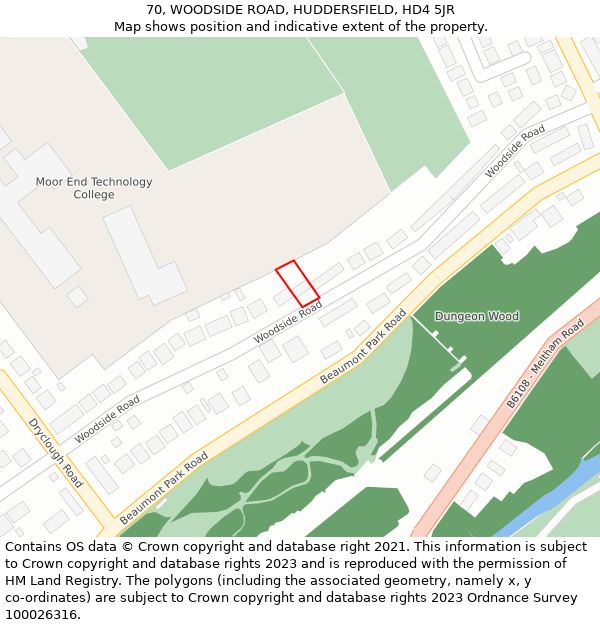 70, WOODSIDE ROAD, HUDDERSFIELD, HD4 5JR: Location map and indicative extent of plot