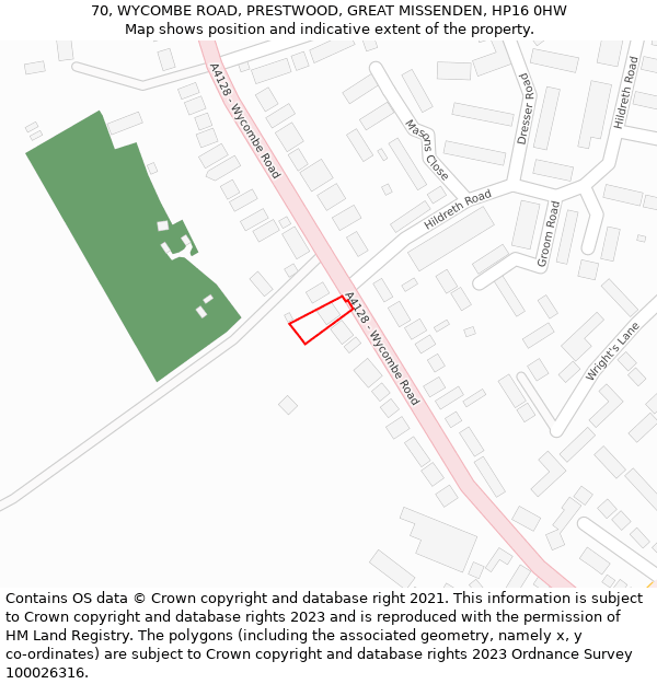 70, WYCOMBE ROAD, PRESTWOOD, GREAT MISSENDEN, HP16 0HW: Location map and indicative extent of plot