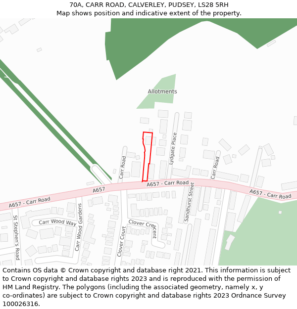 70A, CARR ROAD, CALVERLEY, PUDSEY, LS28 5RH: Location map and indicative extent of plot