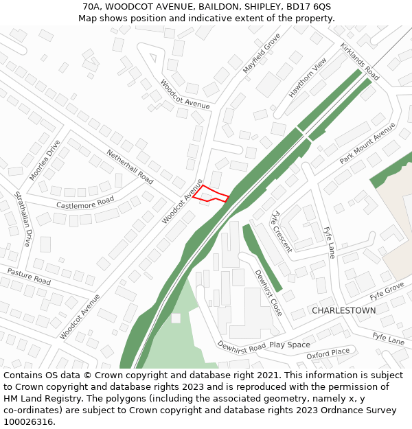 70A, WOODCOT AVENUE, BAILDON, SHIPLEY, BD17 6QS: Location map and indicative extent of plot