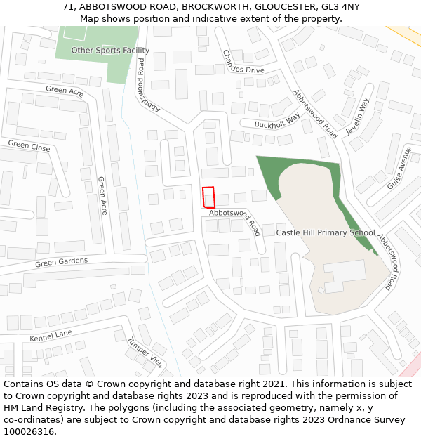 71, ABBOTSWOOD ROAD, BROCKWORTH, GLOUCESTER, GL3 4NY: Location map and indicative extent of plot
