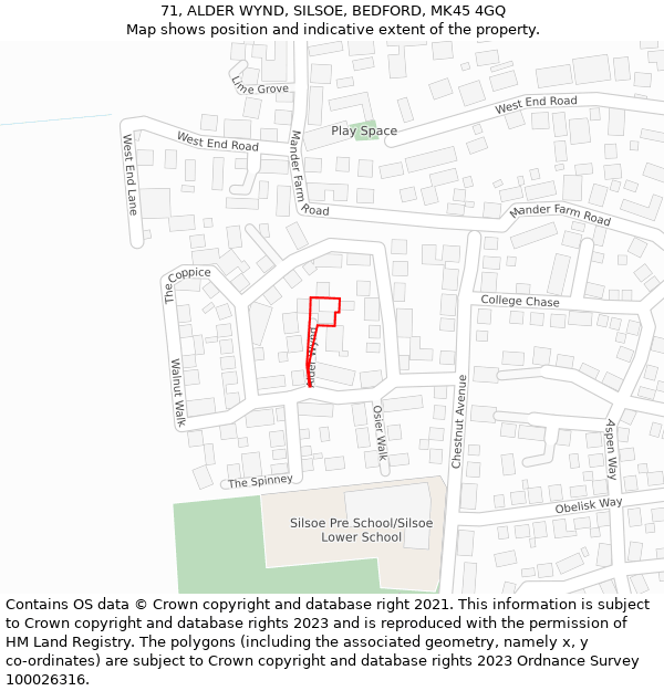 71, ALDER WYND, SILSOE, BEDFORD, MK45 4GQ: Location map and indicative extent of plot