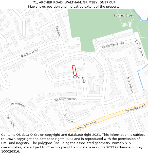 71, ARCHER ROAD, WALTHAM, GRIMSBY, DN37 0UF: Location map and indicative extent of plot