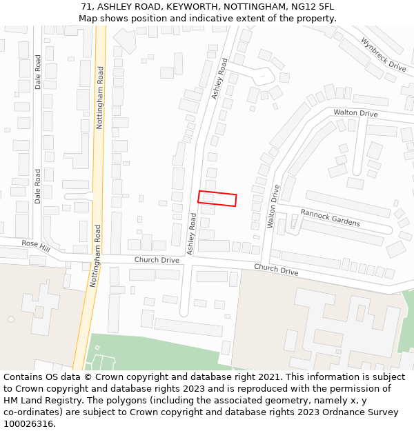 71, ASHLEY ROAD, KEYWORTH, NOTTINGHAM, NG12 5FL: Location map and indicative extent of plot