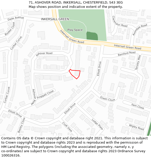 71, ASHOVER ROAD, INKERSALL, CHESTERFIELD, S43 3EG: Location map and indicative extent of plot