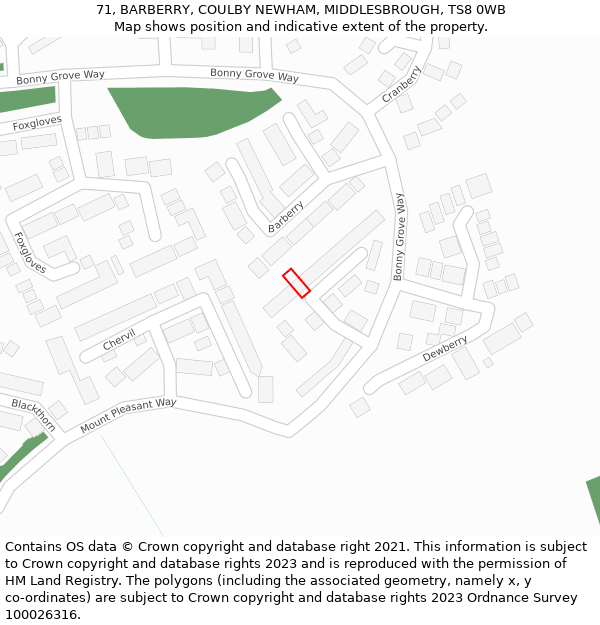 71, BARBERRY, COULBY NEWHAM, MIDDLESBROUGH, TS8 0WB: Location map and indicative extent of plot