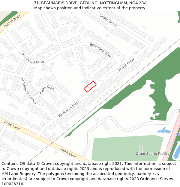 71, BEAUMARIS DRIVE, GEDLING, NOTTINGHAM, NG4 2RA: Location map and indicative extent of plot