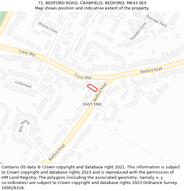 71, BEDFORD ROAD, CRANFIELD, BEDFORD, MK43 0EX: Location map and indicative extent of plot