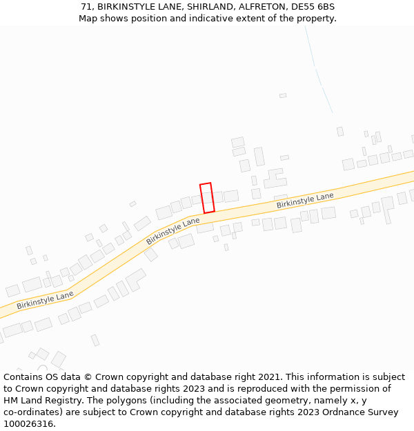 71, BIRKINSTYLE LANE, SHIRLAND, ALFRETON, DE55 6BS: Location map and indicative extent of plot