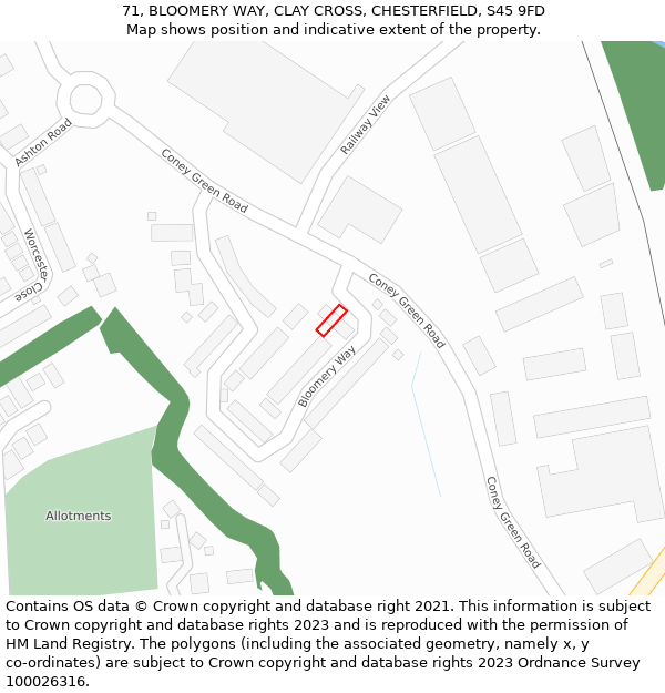 71, BLOOMERY WAY, CLAY CROSS, CHESTERFIELD, S45 9FD: Location map and indicative extent of plot