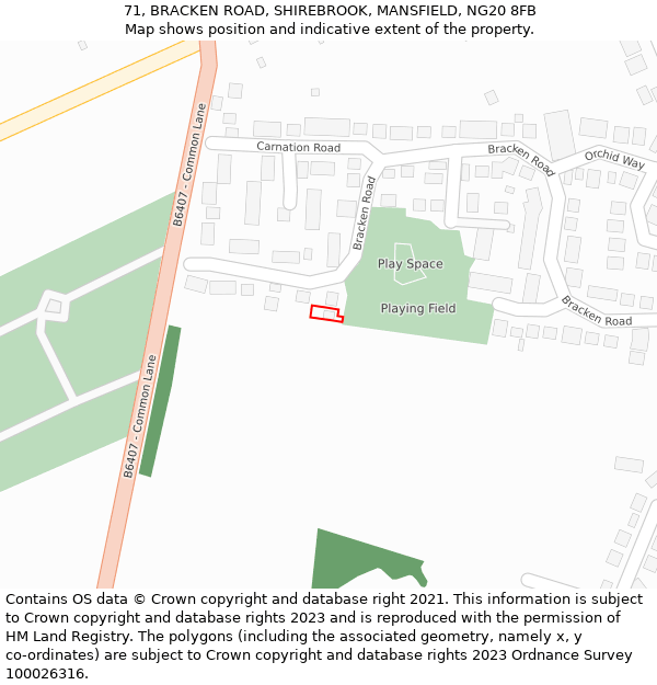 71, BRACKEN ROAD, SHIREBROOK, MANSFIELD, NG20 8FB: Location map and indicative extent of plot