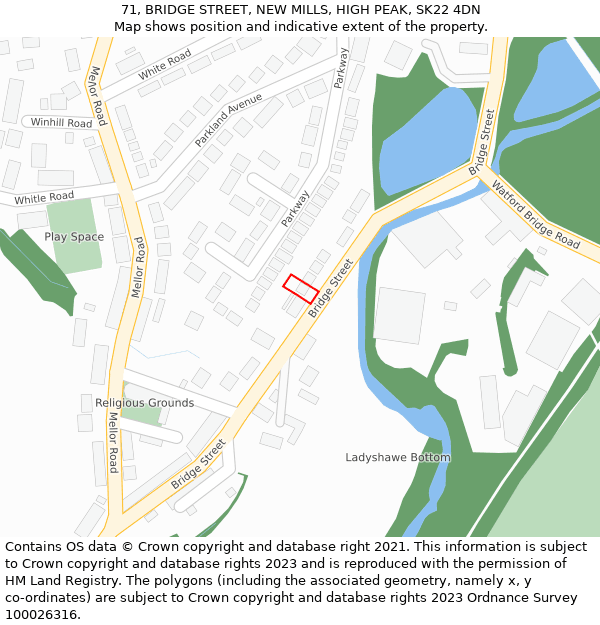 71, BRIDGE STREET, NEW MILLS, HIGH PEAK, SK22 4DN: Location map and indicative extent of plot