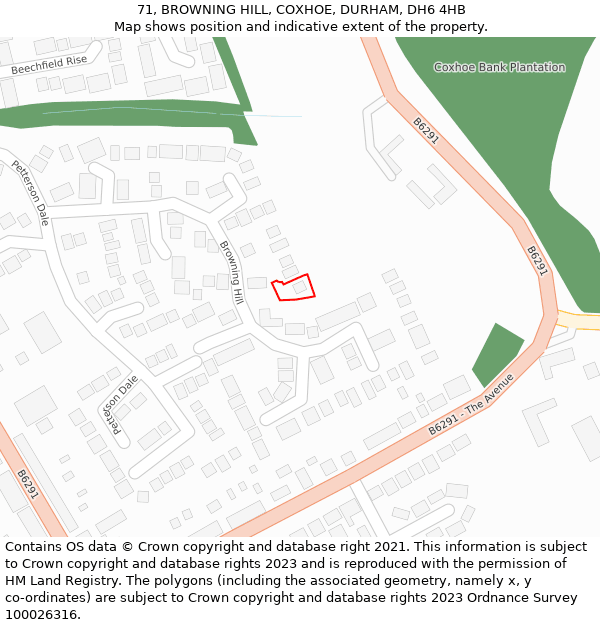 71, BROWNING HILL, COXHOE, DURHAM, DH6 4HB: Location map and indicative extent of plot