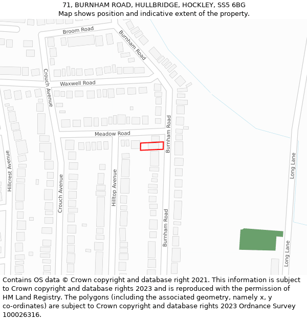 71, BURNHAM ROAD, HULLBRIDGE, HOCKLEY, SS5 6BG: Location map and indicative extent of plot