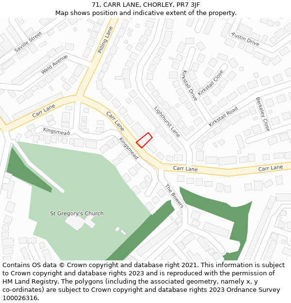 71, CARR LANE, CHORLEY, PR7 3JF: Location map and indicative extent of plot