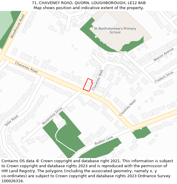 71, CHAVENEY ROAD, QUORN, LOUGHBOROUGH, LE12 8AB: Location map and indicative extent of plot