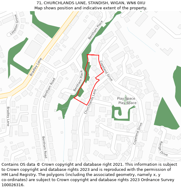71, CHURCHLANDS LANE, STANDISH, WIGAN, WN6 0XU: Location map and indicative extent of plot