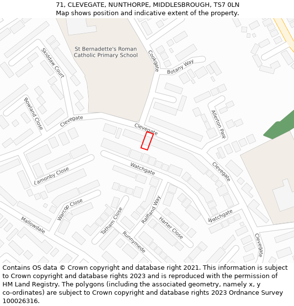 71, CLEVEGATE, NUNTHORPE, MIDDLESBROUGH, TS7 0LN: Location map and indicative extent of plot