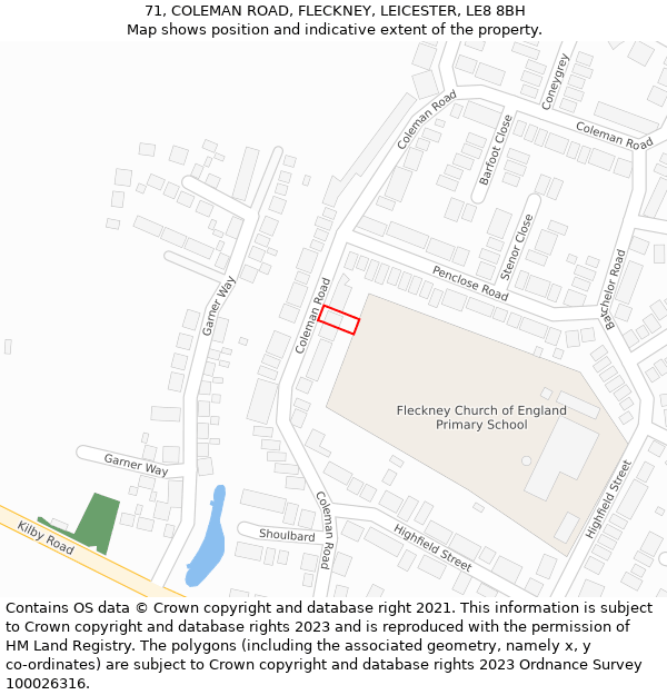 71, COLEMAN ROAD, FLECKNEY, LEICESTER, LE8 8BH: Location map and indicative extent of plot