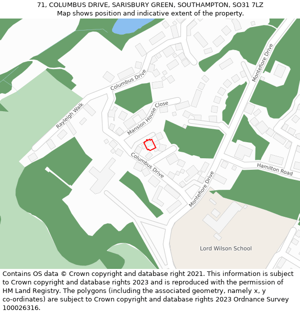 71, COLUMBUS DRIVE, SARISBURY GREEN, SOUTHAMPTON, SO31 7LZ: Location map and indicative extent of plot