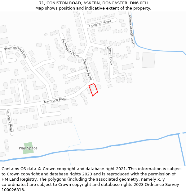 71, CONISTON ROAD, ASKERN, DONCASTER, DN6 0EH: Location map and indicative extent of plot