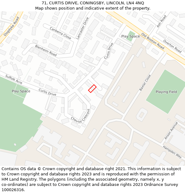 71, CURTIS DRIVE, CONINGSBY, LINCOLN, LN4 4NQ: Location map and indicative extent of plot