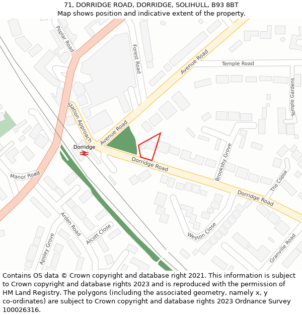 71, DORRIDGE ROAD, DORRIDGE, SOLIHULL, B93 8BT: Location map and indicative extent of plot