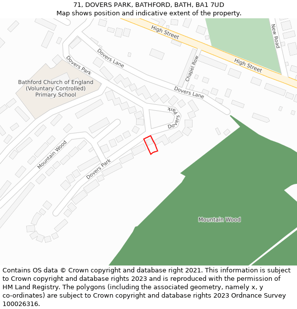 71, DOVERS PARK, BATHFORD, BATH, BA1 7UD: Location map and indicative extent of plot