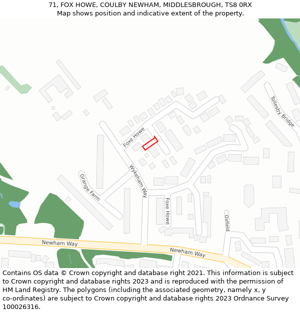 71, FOX HOWE, COULBY NEWHAM, MIDDLESBROUGH, TS8 0RX: Location map and indicative extent of plot