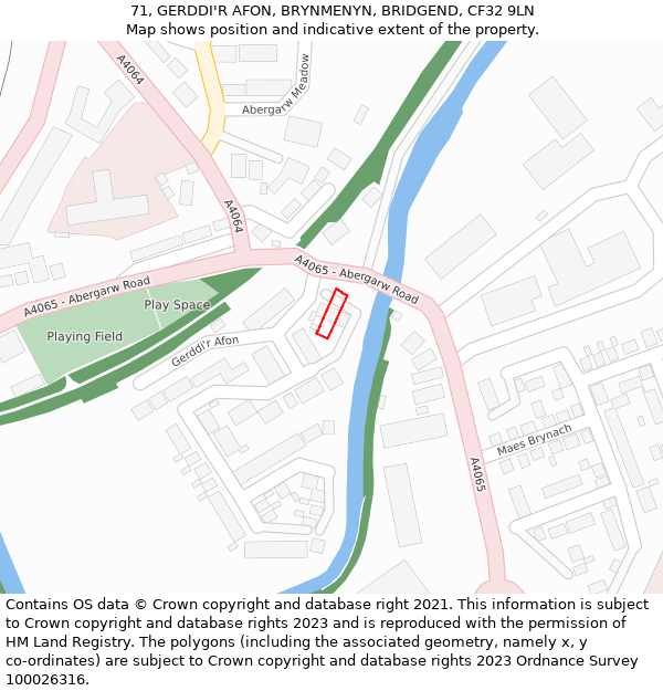 71, GERDDI'R AFON, BRYNMENYN, BRIDGEND, CF32 9LN: Location map and indicative extent of plot