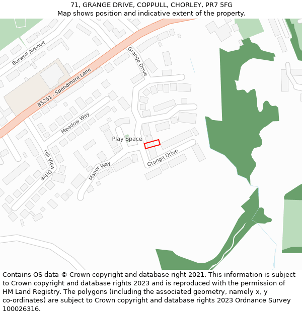 71, GRANGE DRIVE, COPPULL, CHORLEY, PR7 5FG: Location map and indicative extent of plot