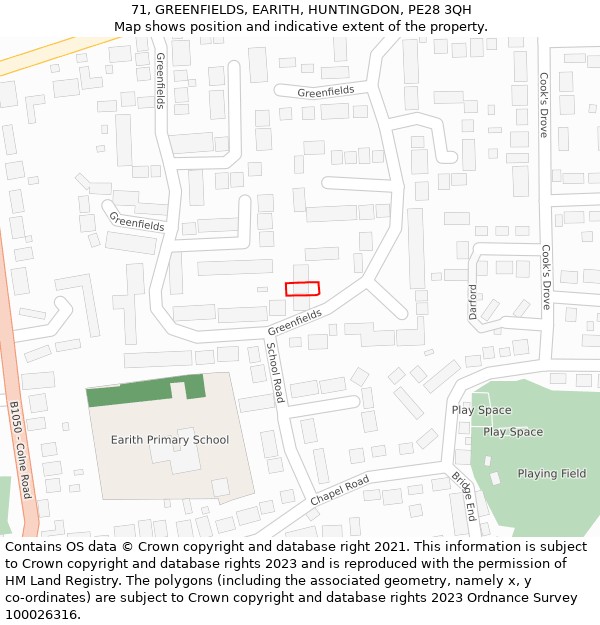 71, GREENFIELDS, EARITH, HUNTINGDON, PE28 3QH: Location map and indicative extent of plot