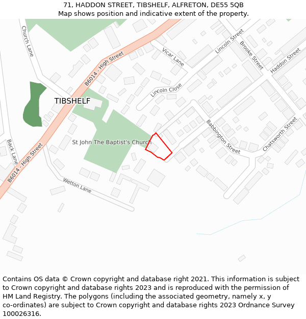 71, HADDON STREET, TIBSHELF, ALFRETON, DE55 5QB: Location map and indicative extent of plot
