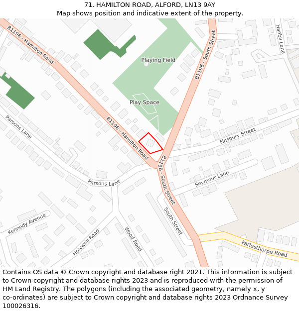 71, HAMILTON ROAD, ALFORD, LN13 9AY: Location map and indicative extent of plot