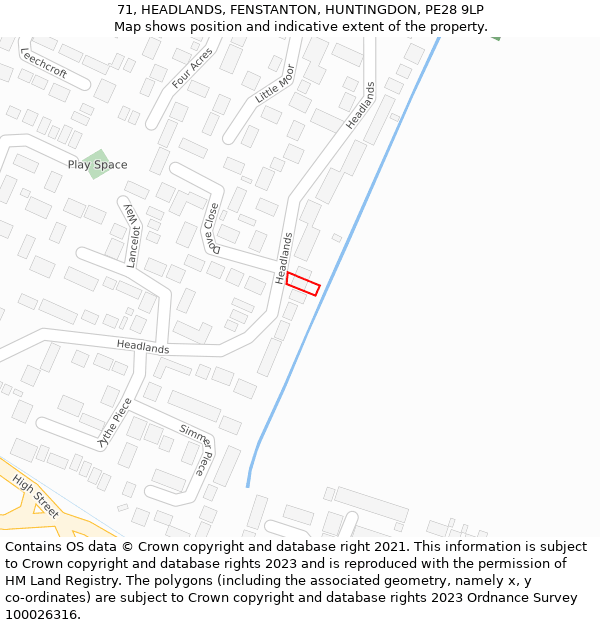 71, HEADLANDS, FENSTANTON, HUNTINGDON, PE28 9LP: Location map and indicative extent of plot