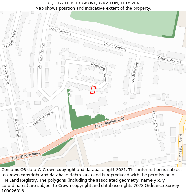 71, HEATHERLEY GROVE, WIGSTON, LE18 2EX: Location map and indicative extent of plot