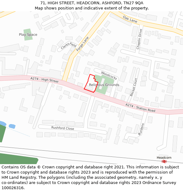 71, HIGH STREET, HEADCORN, ASHFORD, TN27 9QA: Location map and indicative extent of plot