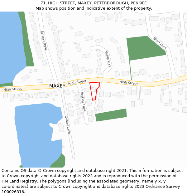 71, HIGH STREET, MAXEY, PETERBOROUGH, PE6 9EE: Location map and indicative extent of plot