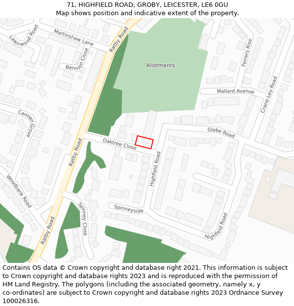 71, HIGHFIELD ROAD, GROBY, LEICESTER, LE6 0GU: Location map and indicative extent of plot