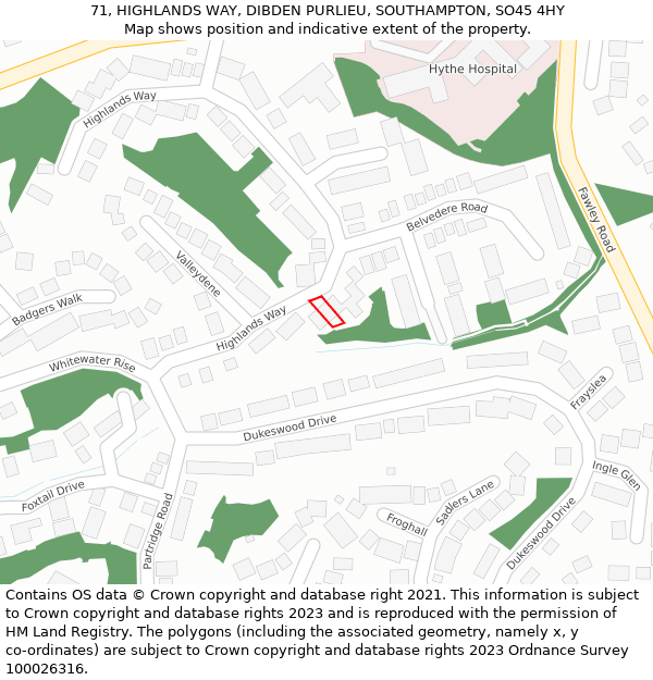 71, HIGHLANDS WAY, DIBDEN PURLIEU, SOUTHAMPTON, SO45 4HY: Location map and indicative extent of plot