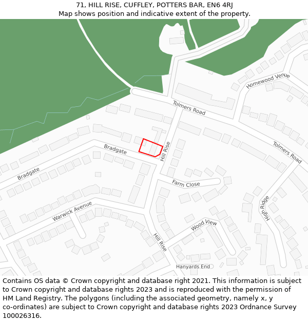 71, HILL RISE, CUFFLEY, POTTERS BAR, EN6 4RJ: Location map and indicative extent of plot