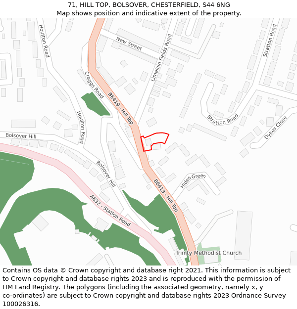 71, HILL TOP, BOLSOVER, CHESTERFIELD, S44 6NG: Location map and indicative extent of plot