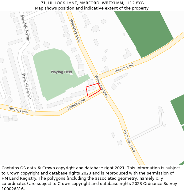 71, HILLOCK LANE, MARFORD, WREXHAM, LL12 8YG: Location map and indicative extent of plot