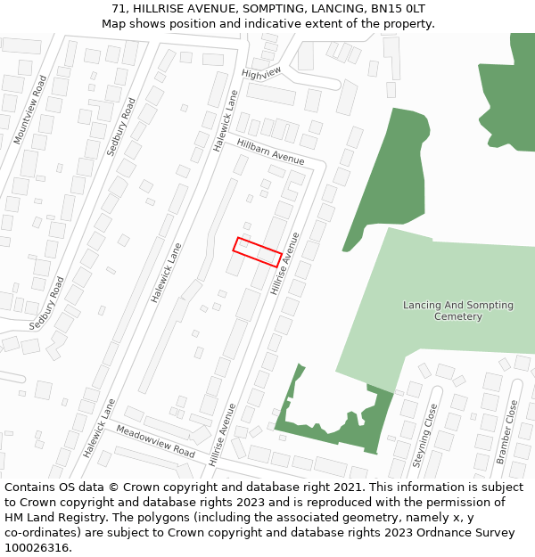 71, HILLRISE AVENUE, SOMPTING, LANCING, BN15 0LT: Location map and indicative extent of plot