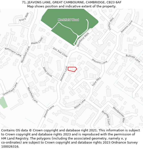 71, JEAVONS LANE, GREAT CAMBOURNE, CAMBRIDGE, CB23 6AF: Location map and indicative extent of plot