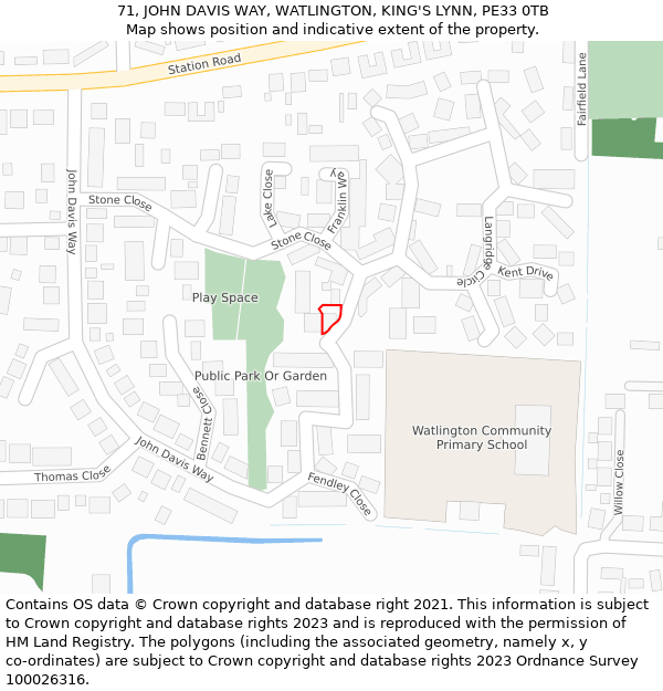 71, JOHN DAVIS WAY, WATLINGTON, KING'S LYNN, PE33 0TB: Location map and indicative extent of plot