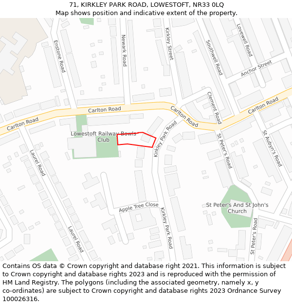 71, KIRKLEY PARK ROAD, LOWESTOFT, NR33 0LQ: Location map and indicative extent of plot