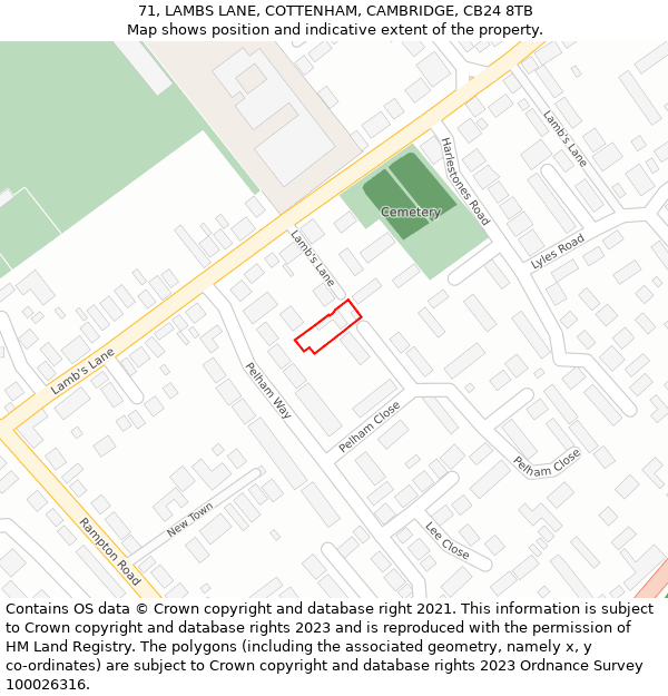 71, LAMBS LANE, COTTENHAM, CAMBRIDGE, CB24 8TB: Location map and indicative extent of plot
