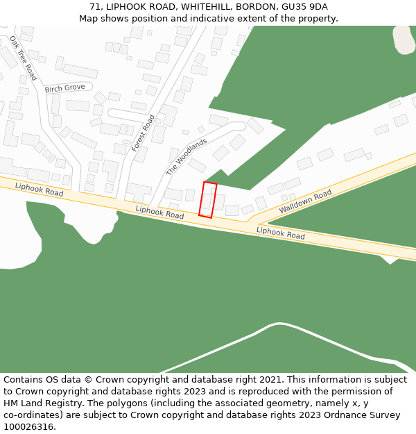 71, LIPHOOK ROAD, WHITEHILL, BORDON, GU35 9DA: Location map and indicative extent of plot